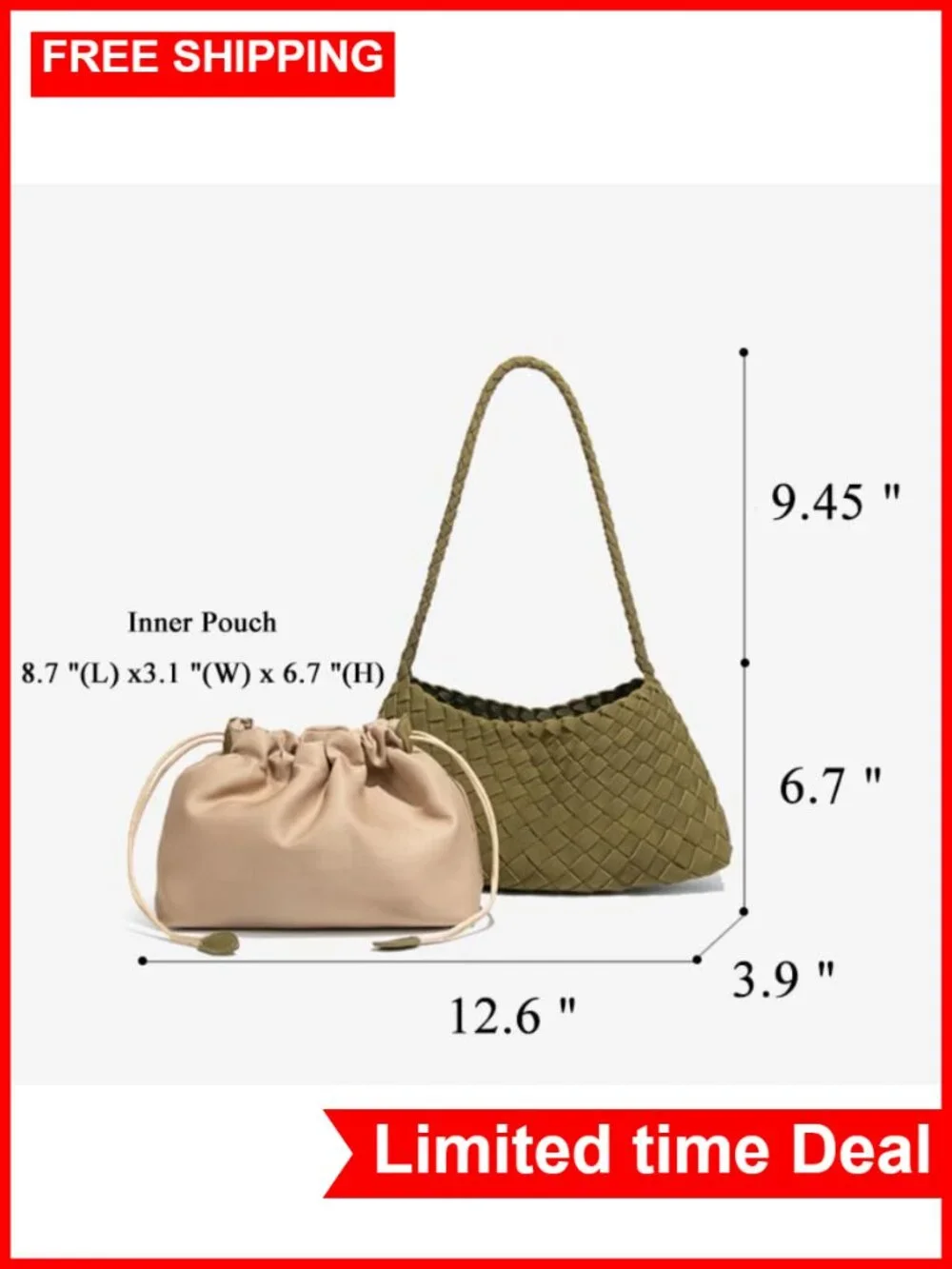Woven Hobo Bag Women Suede Bucket Purse Shoulder Tote Handbag Faux Leather